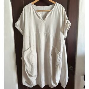 MINIBEE | Cotton Linen Blend Lagenlook Free-Size Dress with Exaggerated Pockets